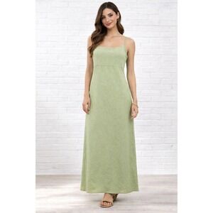 VTG 90s Linen Empire Waist Bias Cut Maxi Dress Spaghetti Strap Lace Trim Green L